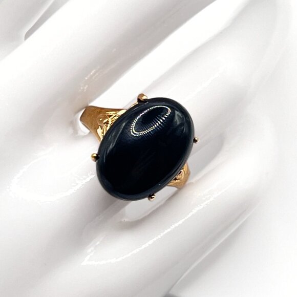 Vintage Black Onyx Cabochon Ring 18K Yellow Gold Electroplate Designer Signed - Picture 2 of 10